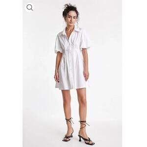 J. Ing White Fitted Waist Puff Sleeve Shirt Dress, 100% Cotton, Mini Crisp, Sz M